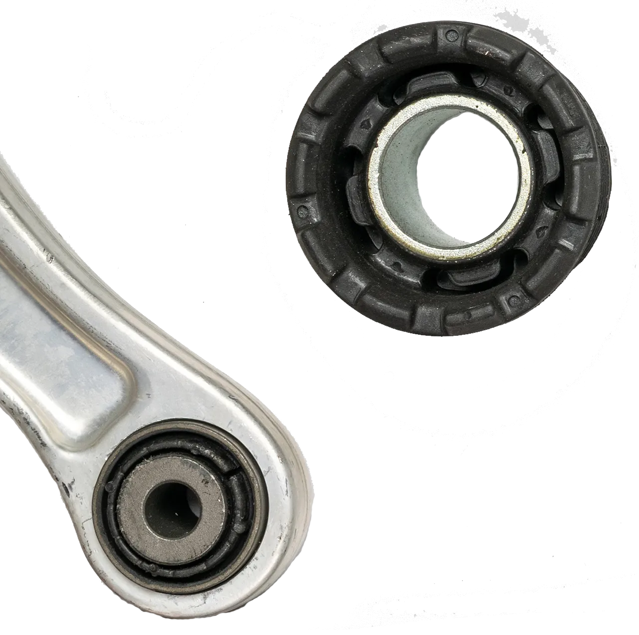 Weißes Autoteil. Satz neuer Autoteile aus Metall. Auto-Ersatzteil für Kraftfahrzeugmechaniker oder Autoteil isoliert auf weißem Hintergrund.